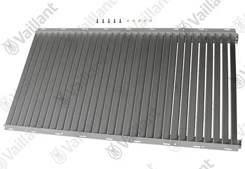 Gitter aus Metall mit mehreren vertikalen Lamellen, montiert mit Schrauben, in neutraler Farbe. Dekoratives Element von Vaillant für Heizungsanwendungen.